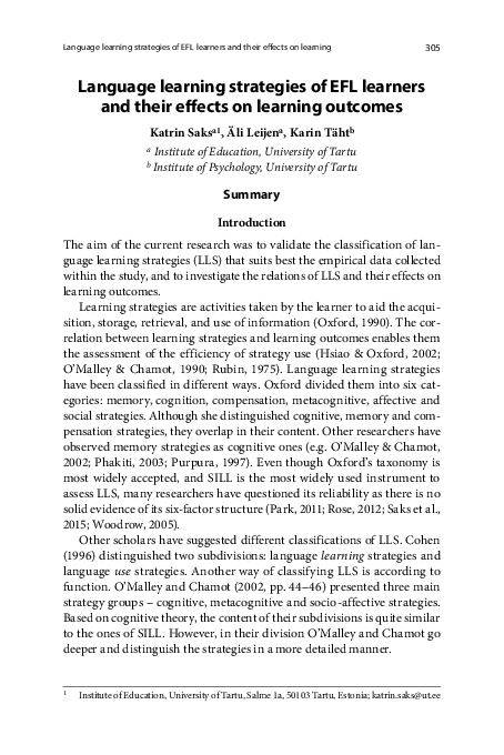 (PDF) Language learning strategies of EFL learners and their effects on ...