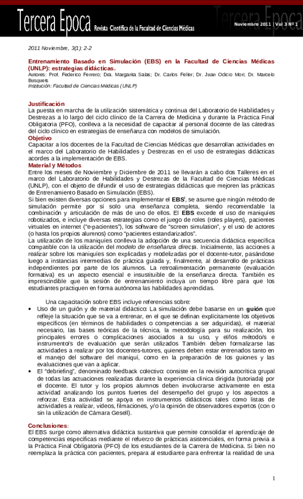 (PDF) Entrenamiento Basado en Simulación (EBS) en la Facultad de ...