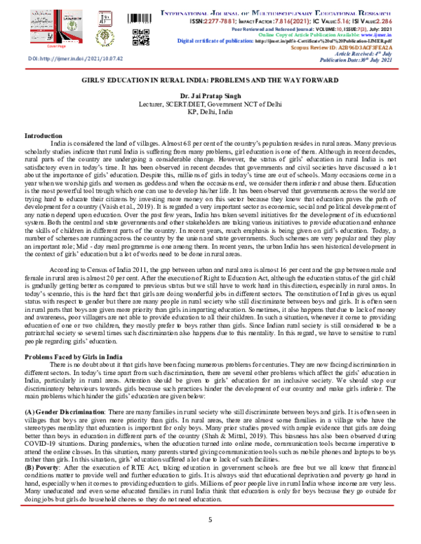 (PDF) GIRLS' EDUCATION IN RURAL INDIA: PROBLEMS AND THE WAY FORWARD