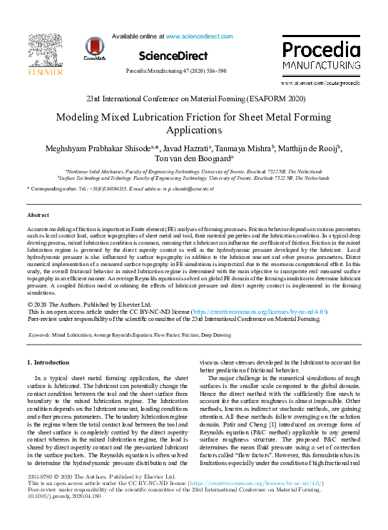 (PDF) Modeling Mixed Lubrication Friction for Sheet Metal Forming ...