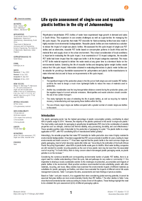 (PDF) Life cycle assessment of single-use and reusable plastic bottles ...