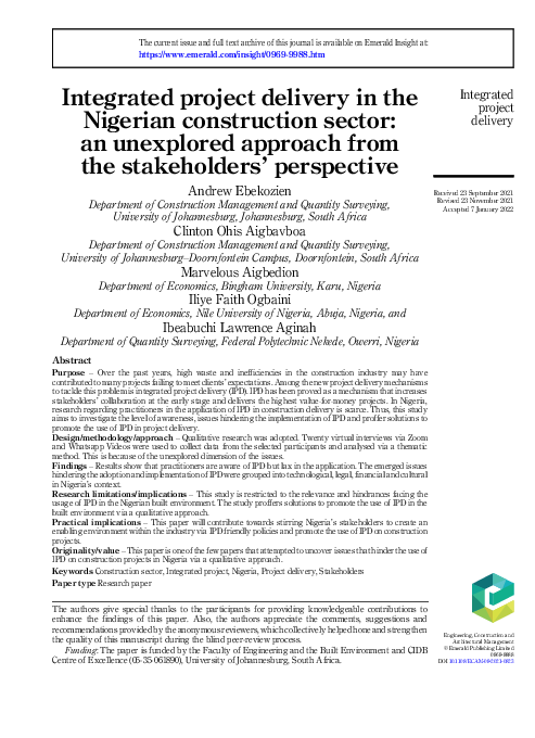 (PDF) Integrated project delivery in the Nigerian construction sector ...