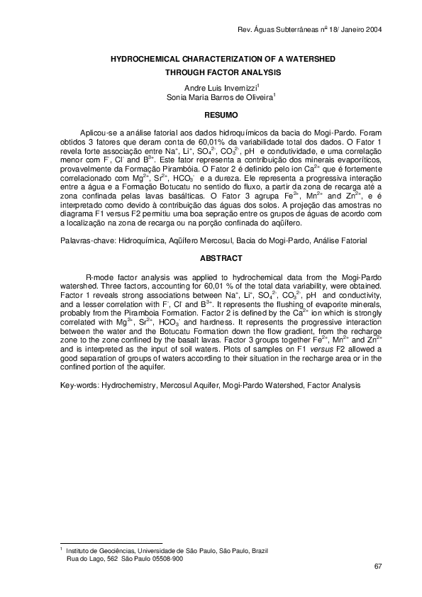 (PDF) Hydrochemical Characterization of a Watershed Through Factor Analysis