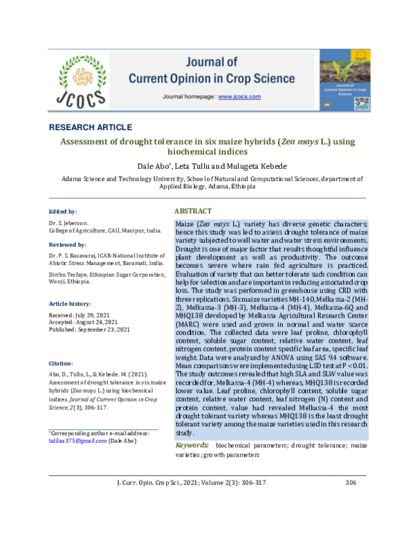 (PDF) Assessment of drought tolerance in six maize hybrids (Zea mays L ...