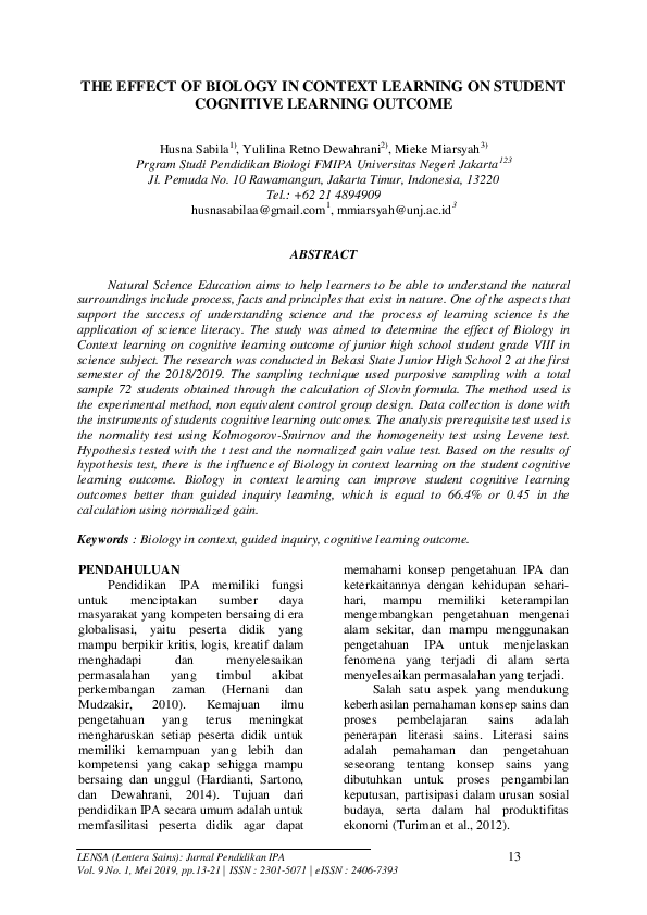 (PDF) The Effect of Biology in Context Learning on Student Cognitive ...