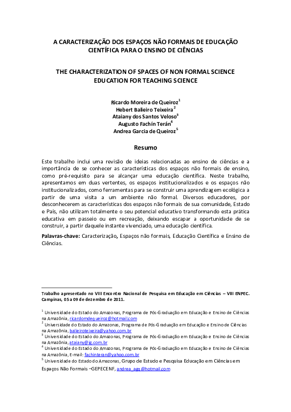 (PDF) A Caracterização Dos Espaços Não Formais De Educação Científica Para O Ensino De Ciências