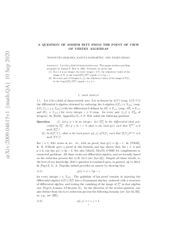 (PDF) A question of Joseph Ritt from the point of view of vertex algebras