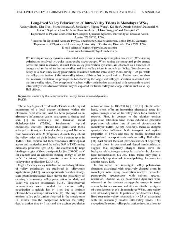 (PDF) Long-Lived Valley Polarization of Intravalley Trions in Monolayer ...