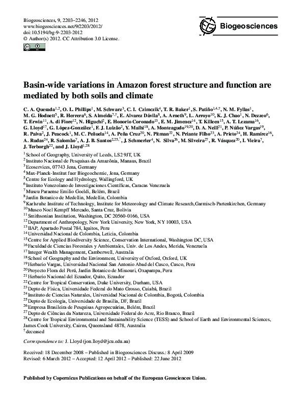 (PDF) Basin-wide variations in Amazon forest structure and function are ...
