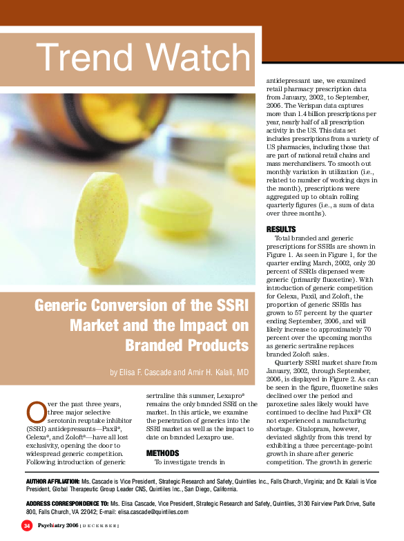 (PDF) Generic Conversion of the SSRI Market and the Impact on Branded