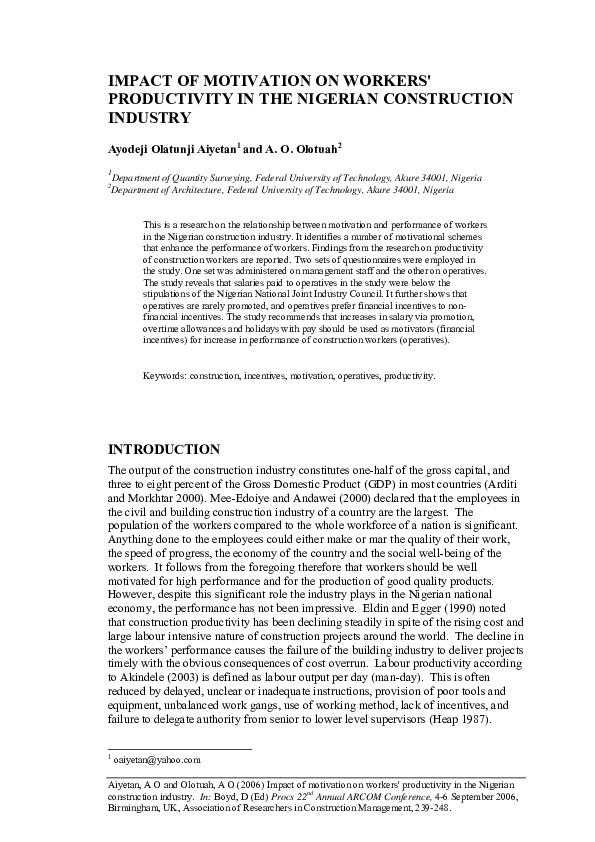 (PDF) Impact of motivation on workers productivity in the Nigerian ...