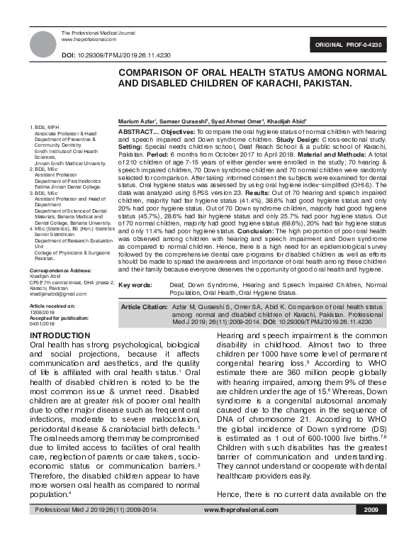 (PDF) Comparison of oral health status among normal and disabled ...