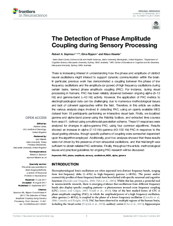(PDF) The Detection of Phase Amplitude Coupling during Sensory Processing