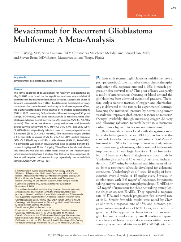 (PDF) Bevacizumab for Recurrent Glioblastoma Multiforme: A Meta-Analysis