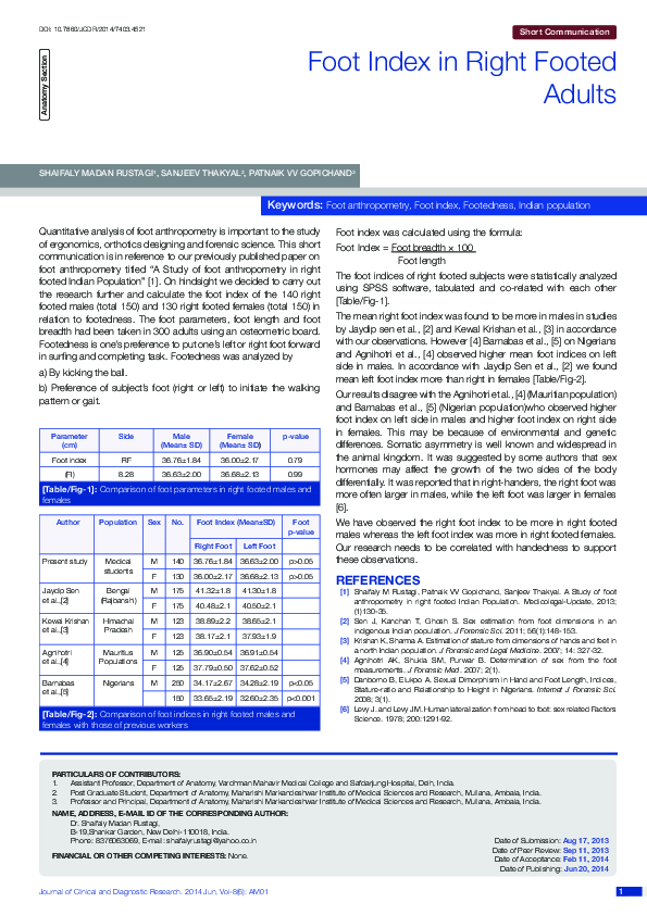 (PDF) Foot Index in Right Footed Adults