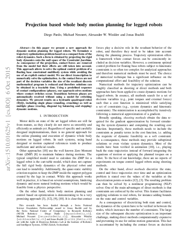 (PDF) Projection based whole body motion planning for legged robots