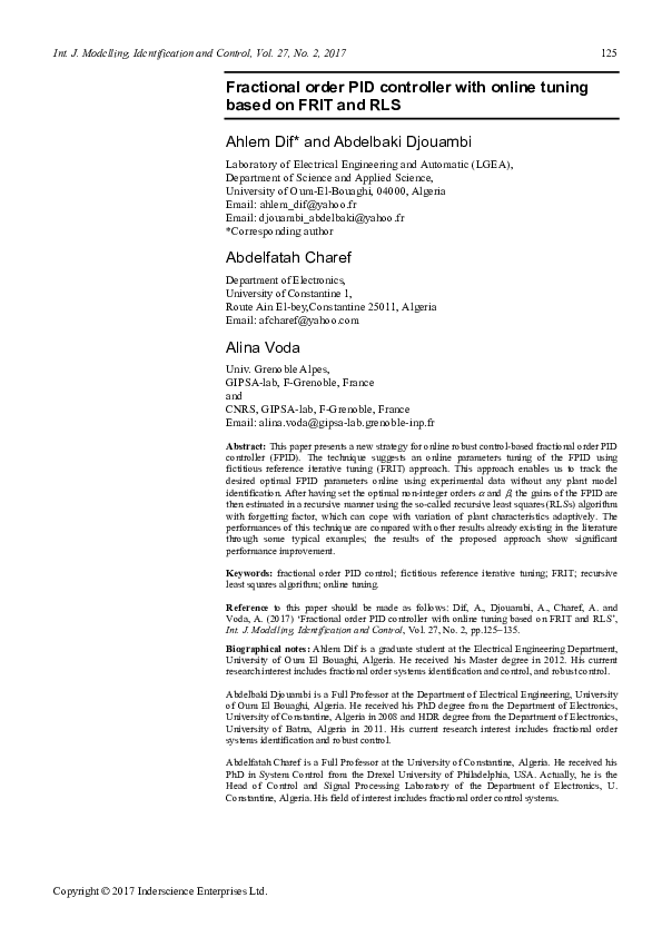 (PDF) Fractional order PID controller with online tuning based on FRIT ...