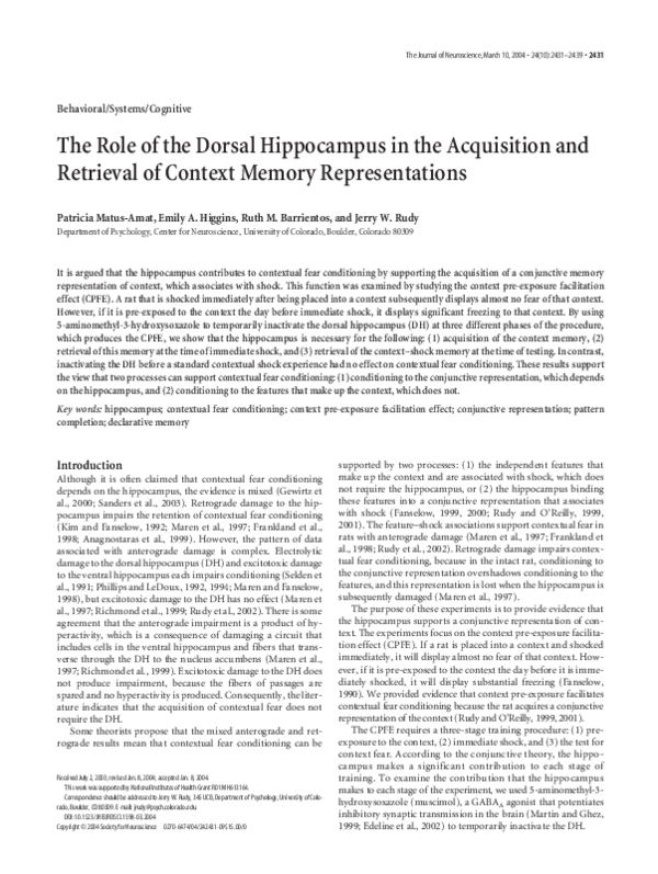 (PDF) The Role of the Dorsal Hippocampus in the Acquisition and ...