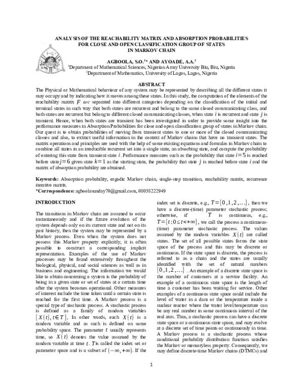 (DOC) ANALYSIS OF THE REACHABILITY MATRIX AND ABSORPTION PROBABILITIES ...