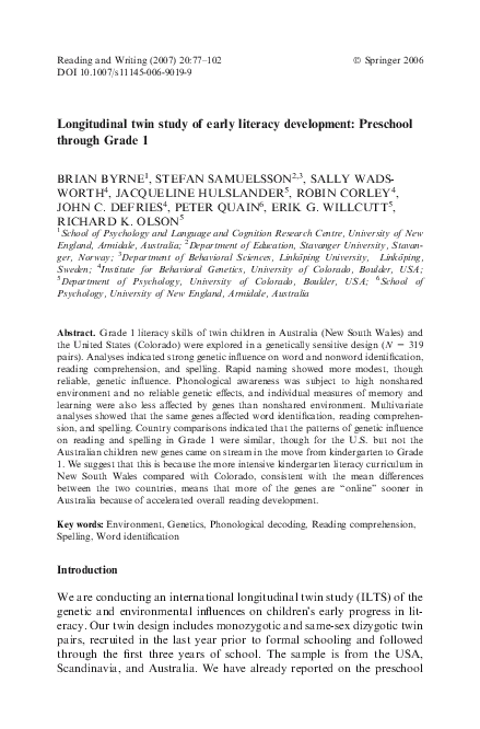 (PDF) Longitudinal Twin Study of Early Literacy Development: Preschool ...