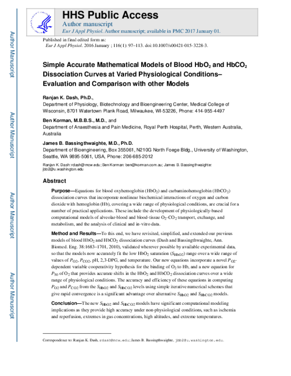 (PDF) Simple accurate mathematical models of blood HbO2 and HbCO 2 ...