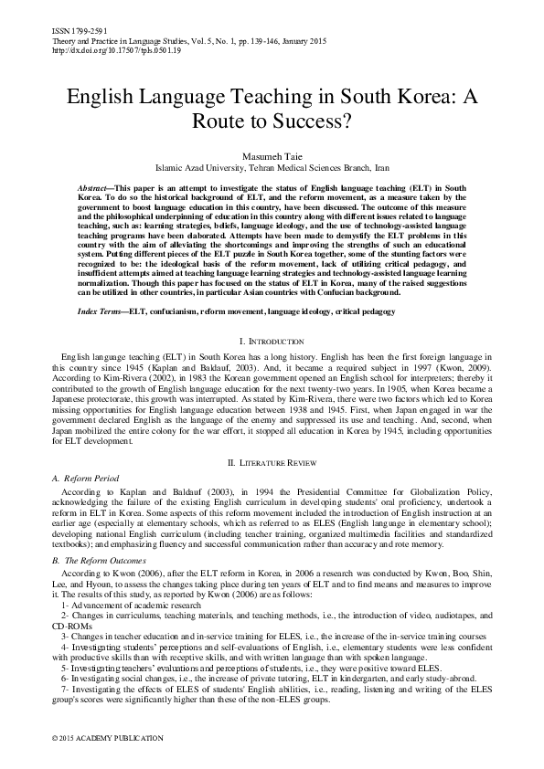(PDF) English Language Teaching in South Korea: A Route to Success?