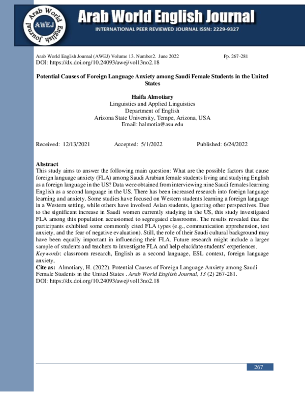 (PDF) Potential Causes of Foreign Language Anxiety among Saudi Female ...