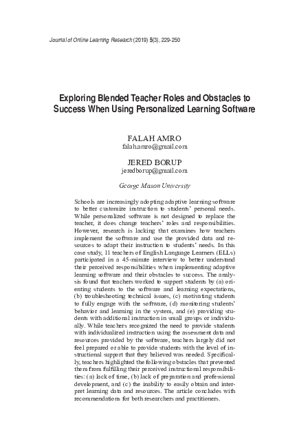 (PDF) Exploring Blended Teacher Roles and Obstacles to Success When ...