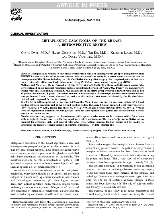 (PDF) Metaplastic carcinoma of the breast: A retrospective review