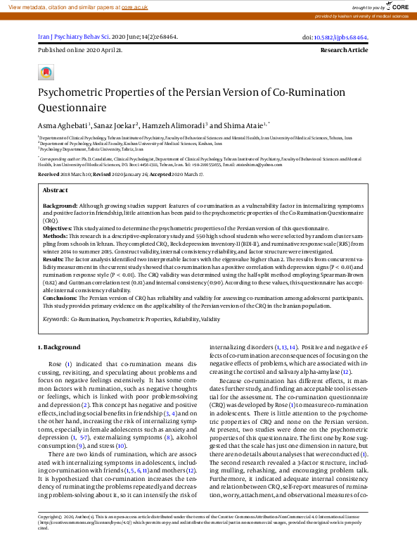 (PDF) Psychometric properties of the Persian version of corumination questionnaire Shima