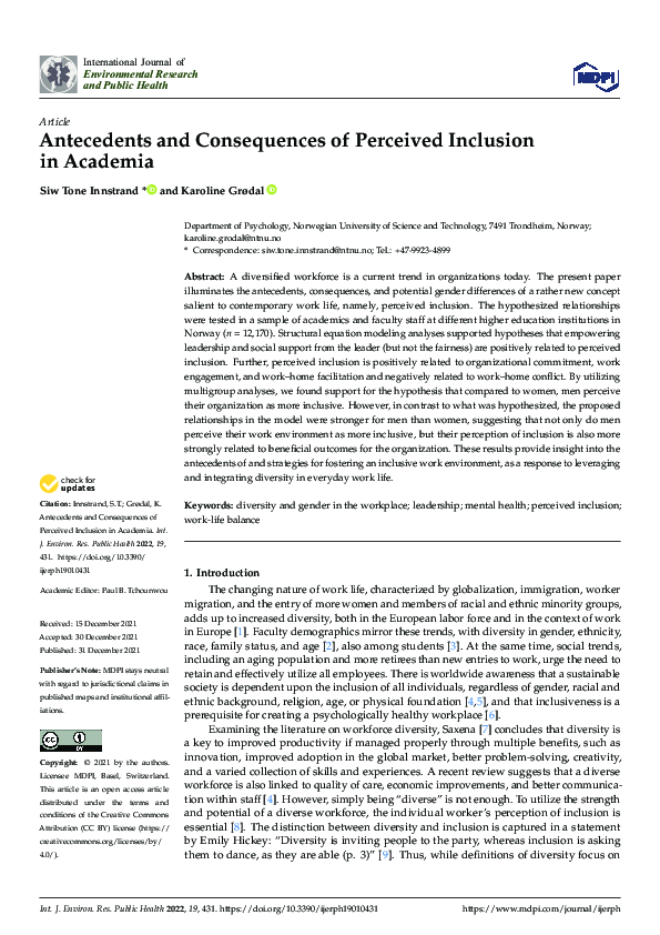 (PDF) Antecedents and Consequences of Perceived Inclusion in Academia