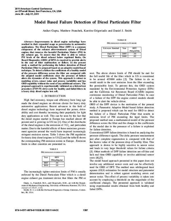 (PDF) Model based failure detection of Diesel Particulate Filter