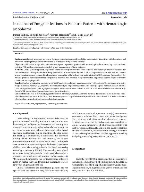 (PDF) Incidence of Fungal Infections in Pediatric Patients with ...