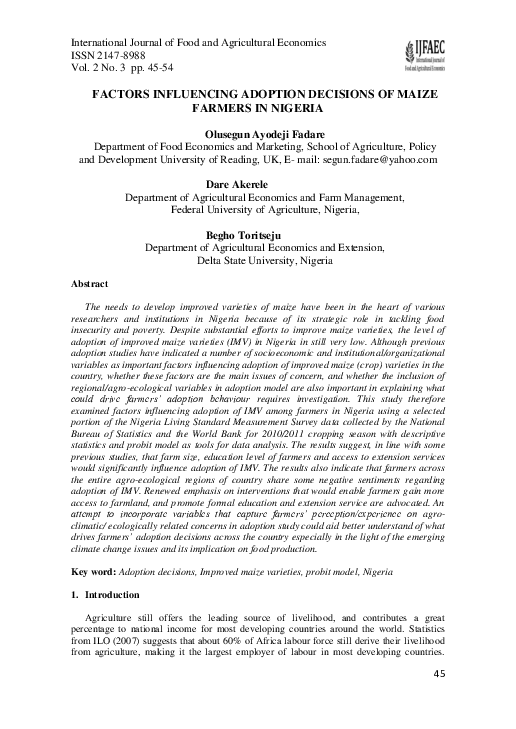 (PDF) Factors Influencing Adoption Decisions of Maize Farmers in Nigeria