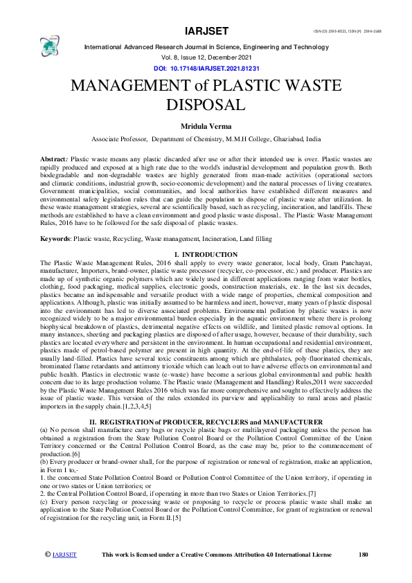(PDF) MANAGEMENT of PLASTIC WASTE DISPOSAL Mridula Verma Academia.edu