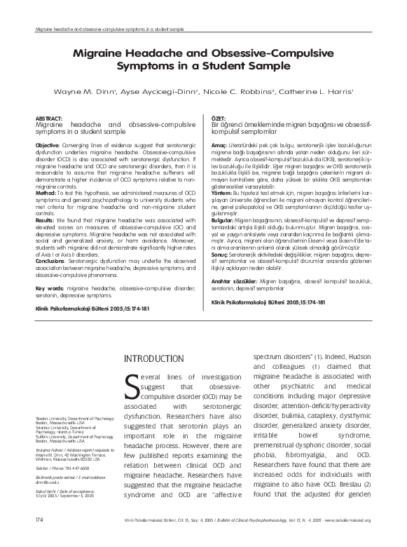 (PDF) Migraine headache and obsessive-compulsive symptoms in a student ...