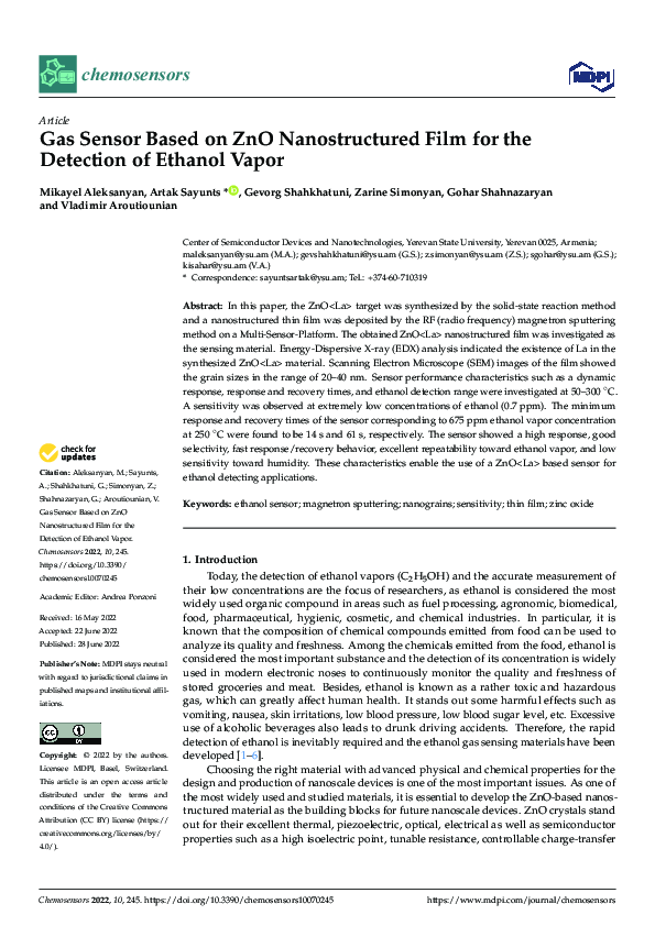 (PDF) Gas Sensor Based on ZnO Nanostructured Film for the Detection of ...