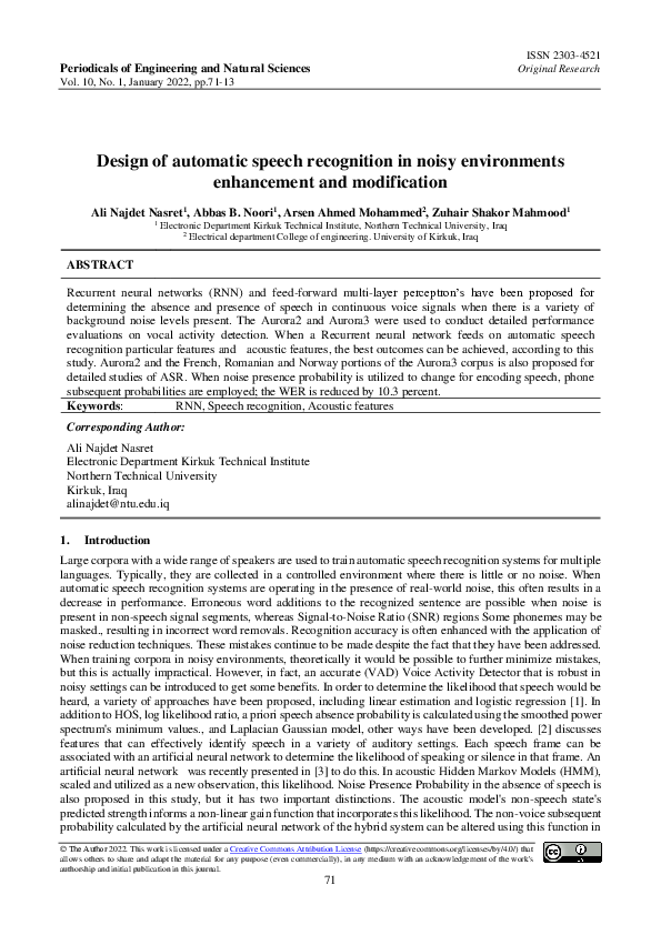 (PDF) Design of automatic speech recognition in noisy environments ...