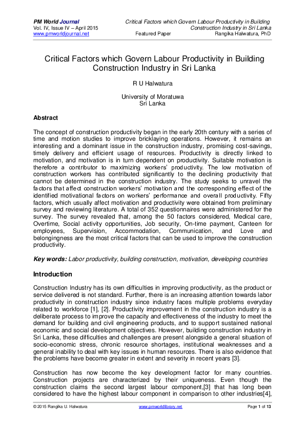(PDF) Critical Factors which Govern Labour Productivity in Building ...