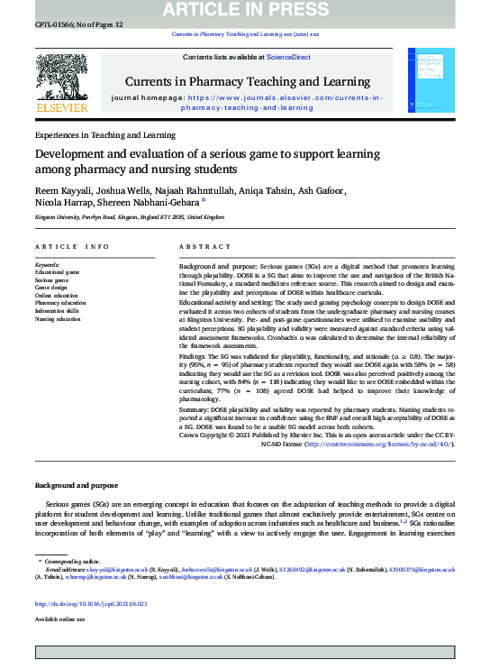 (PDF) Development and evaluation of a serious game to support learning ...