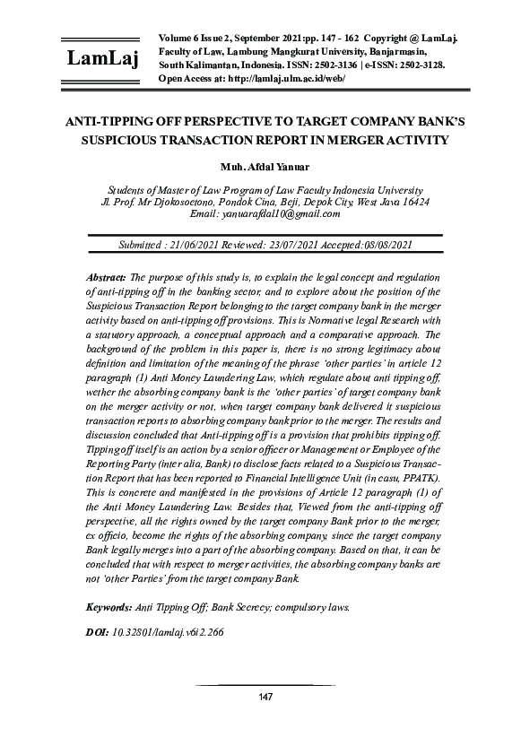 (PDF) Anti-Tipping off Perspective to Target Company Bank's Suspicious ...