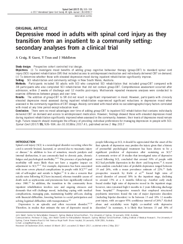 (PDF) Depressive mood in adults with spinal cord injury as they ...