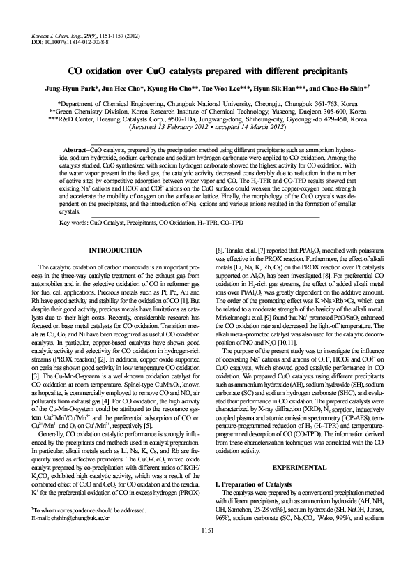 (PDF) CO oxidation over CuO catalysts prepared with different precipitants