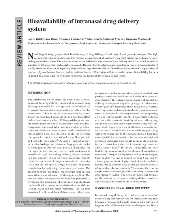 (PDF) Bioavailability of intranasal drug delivery system