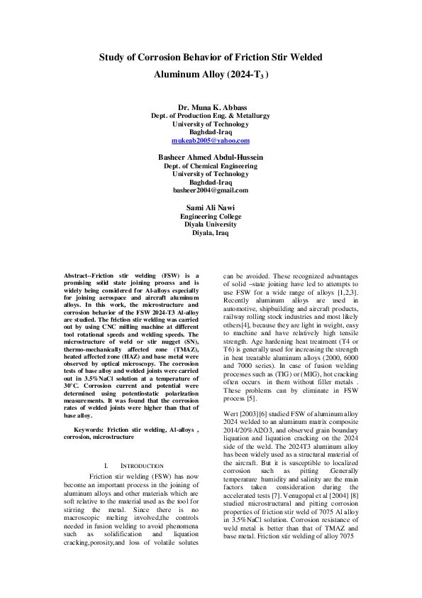 (PDF) Study of Corrosion Behavior of Friction Stir Welded Aluminum ...