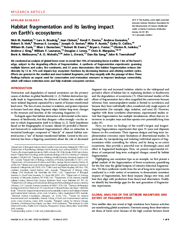(PDF) Habitat fragmentation and its lasting impact on Earth’s