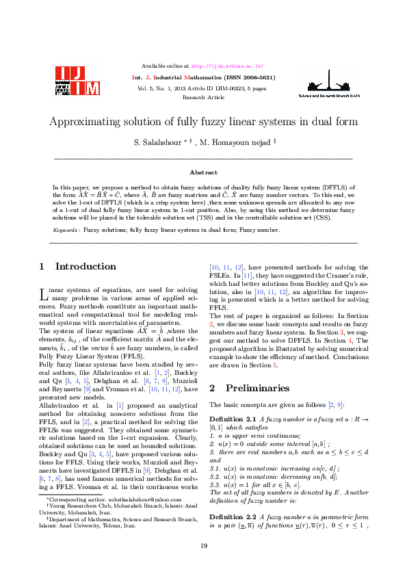 (PDF) Approximating solution of fully fuzzy linear systems in dual form