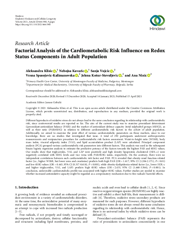 (PDF) Factorial Analysis of the Cardiometabolic Risk Influence on Redox ...