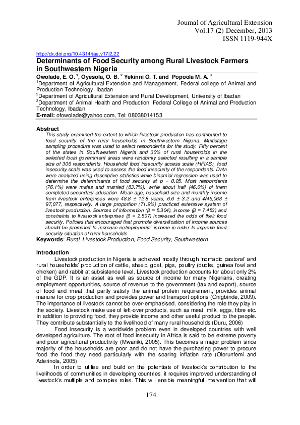 (PDF) Determinants of Food Security among Rural Livestock Farmers in ...