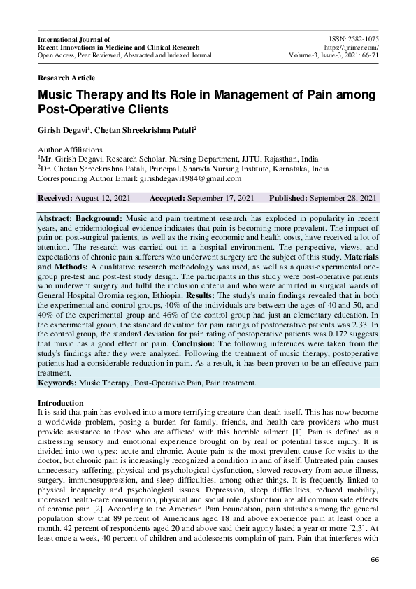 (PDF) Music Therapy and Its Role in Management of Pain among Post ...